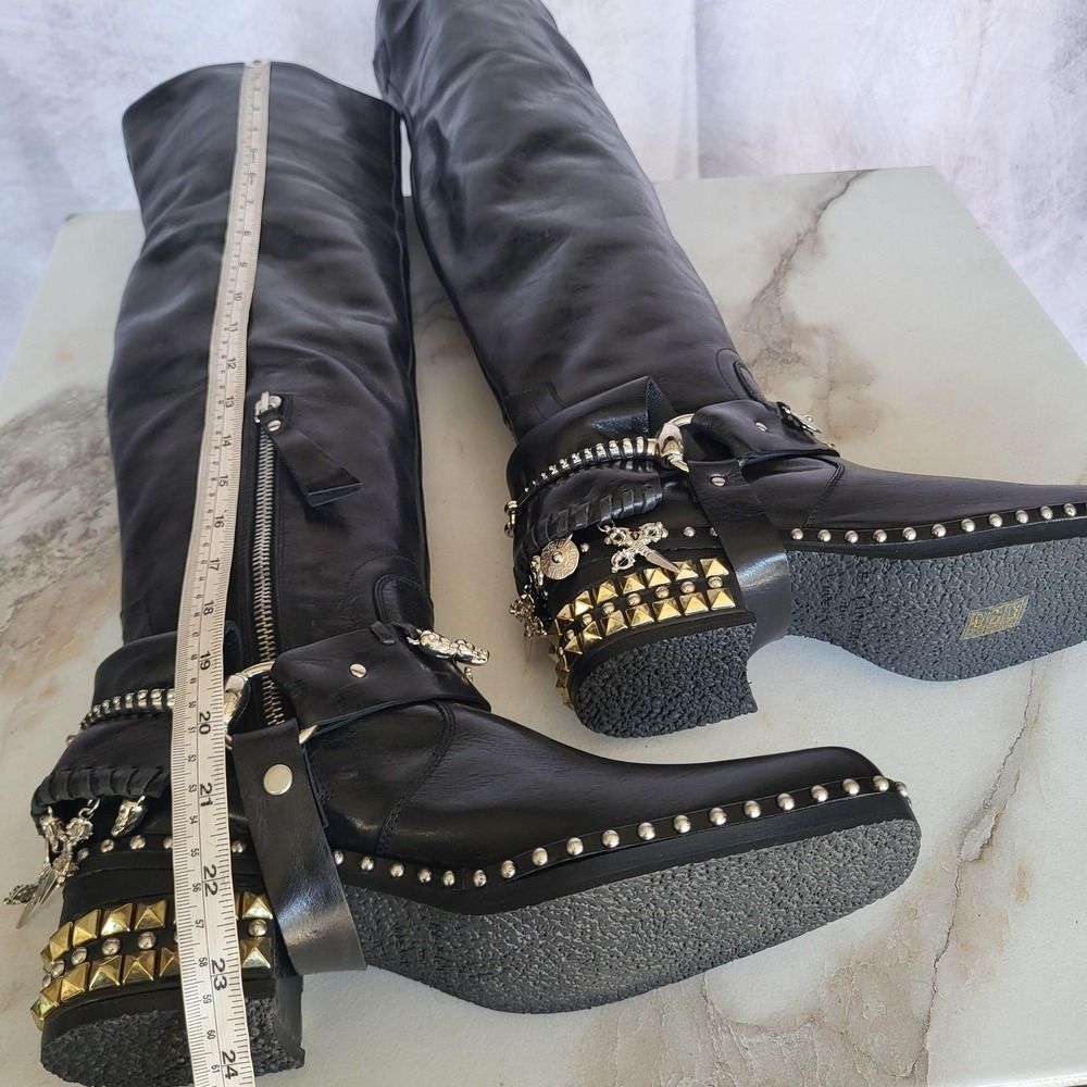 El Vaquero Tatiana Boots Womens Size 6.5 Black Leather Studded Over The Knee - Picture 16 of 16